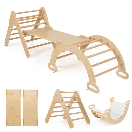 5-in-1 Triangle Climbing Toys with Arch Ramp for 1+ Years Old-Wood