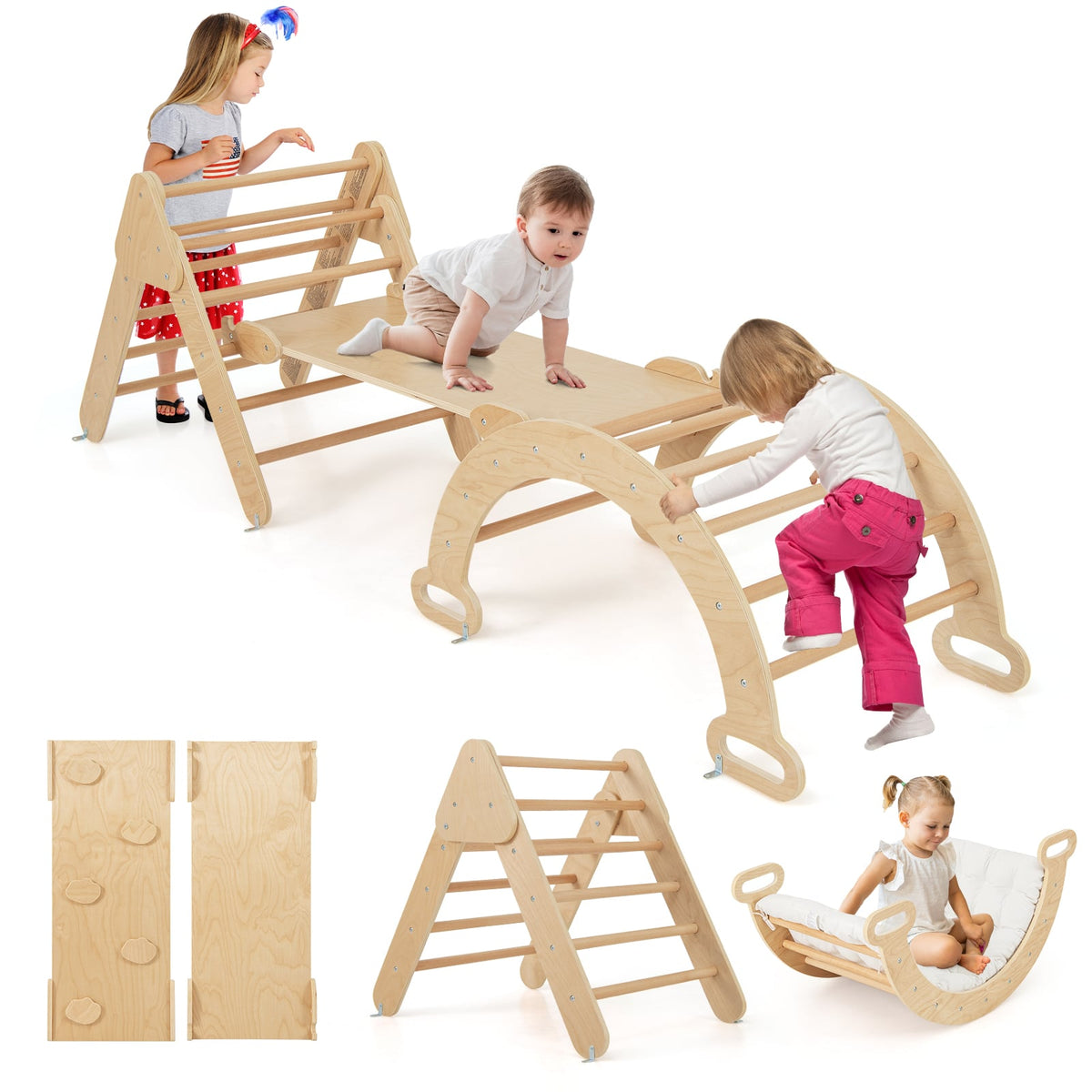 5-in-1 Triangle Climbing Toys with Arch Ramp for 1+ Years Old-Wood