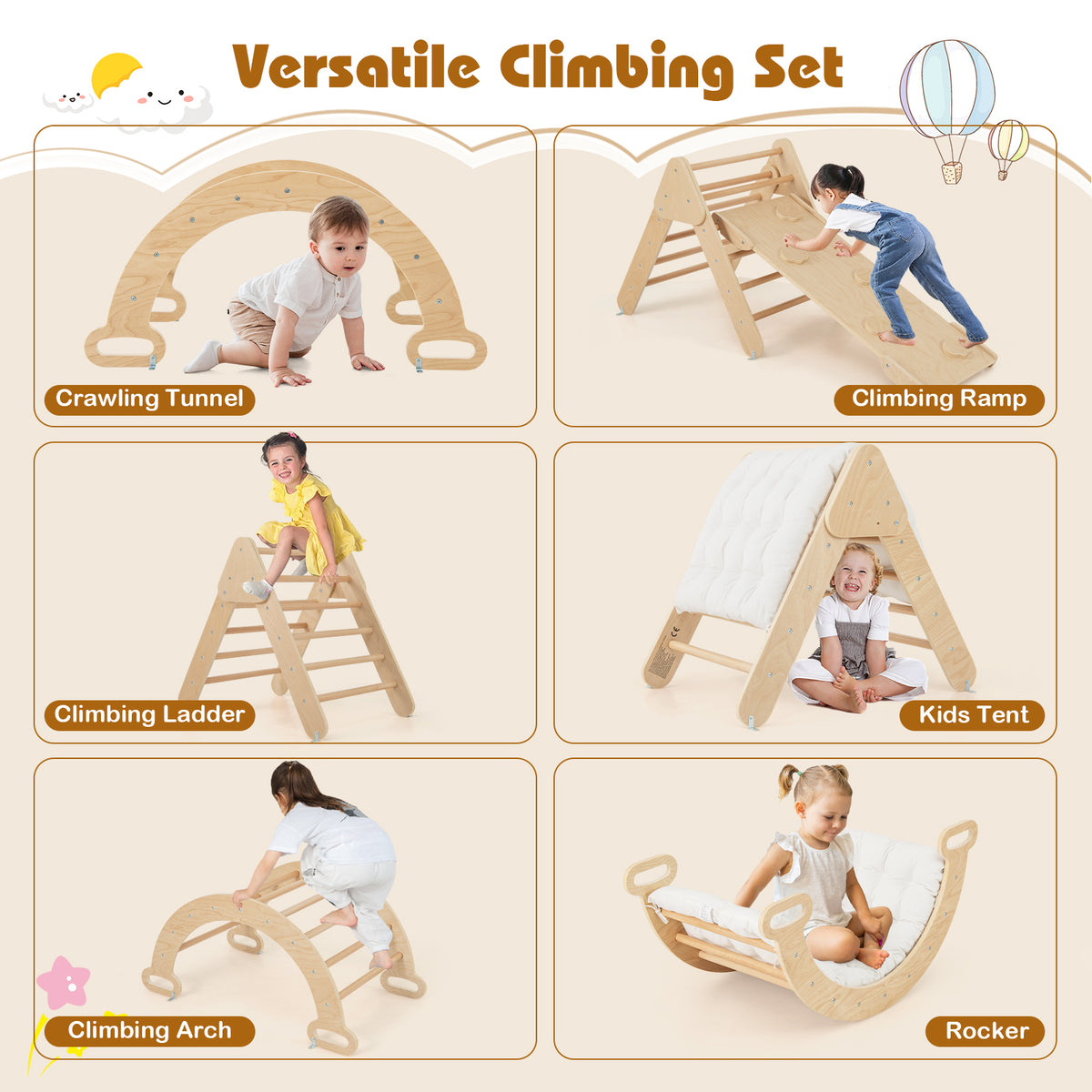 5-in-1 Triangle Climbing Toys with Arch Ramp for 1+ Years Old-Wood