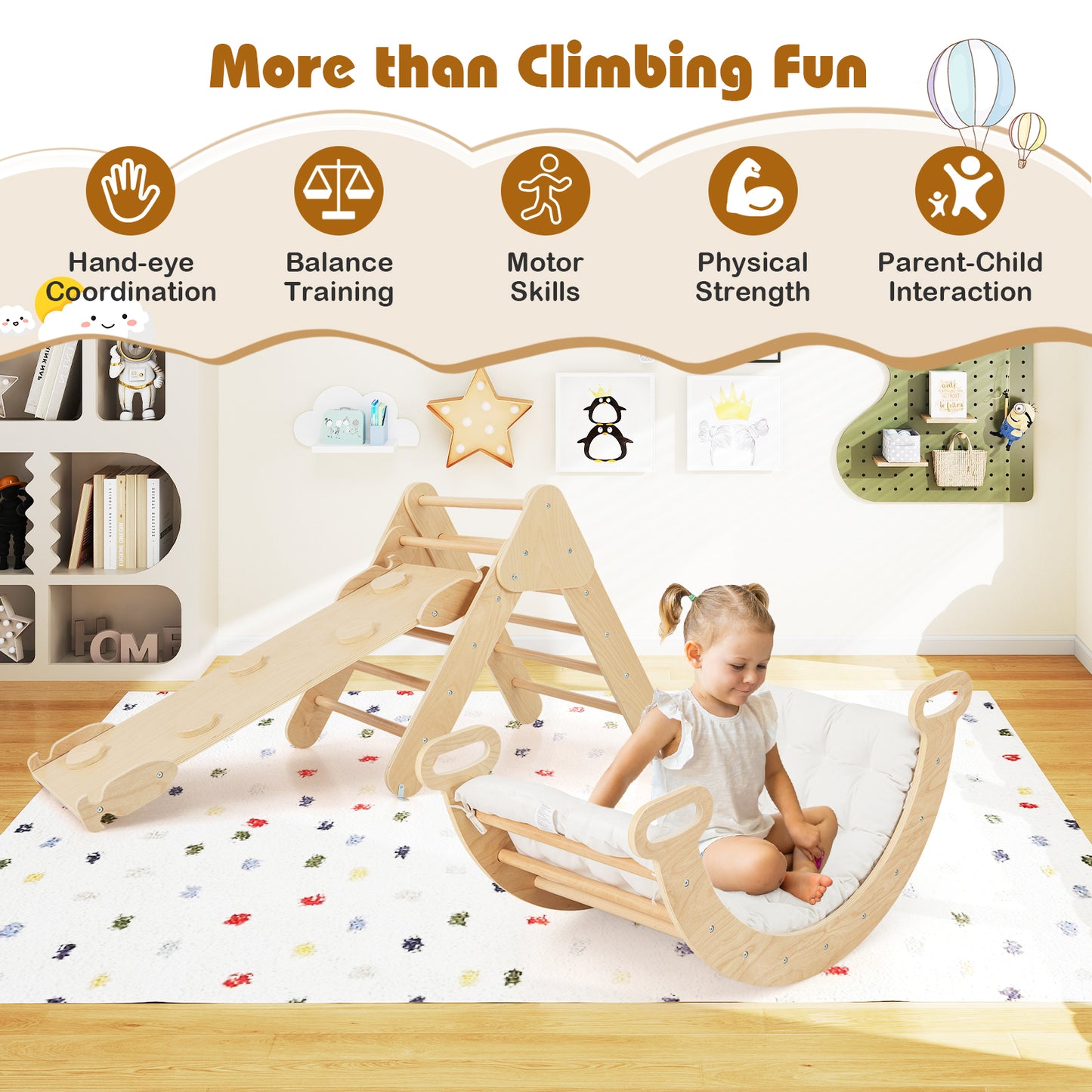 5-in-1 Triangle Climbing Toys with Arch Ramp for 1+ Years Old-Wood