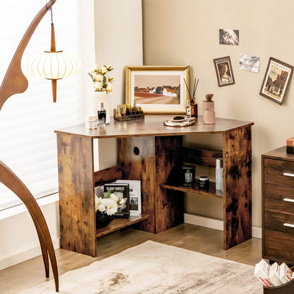 Triangle Corner Computer Desk with Open Shelf and Cable Holes-Rustic Brown