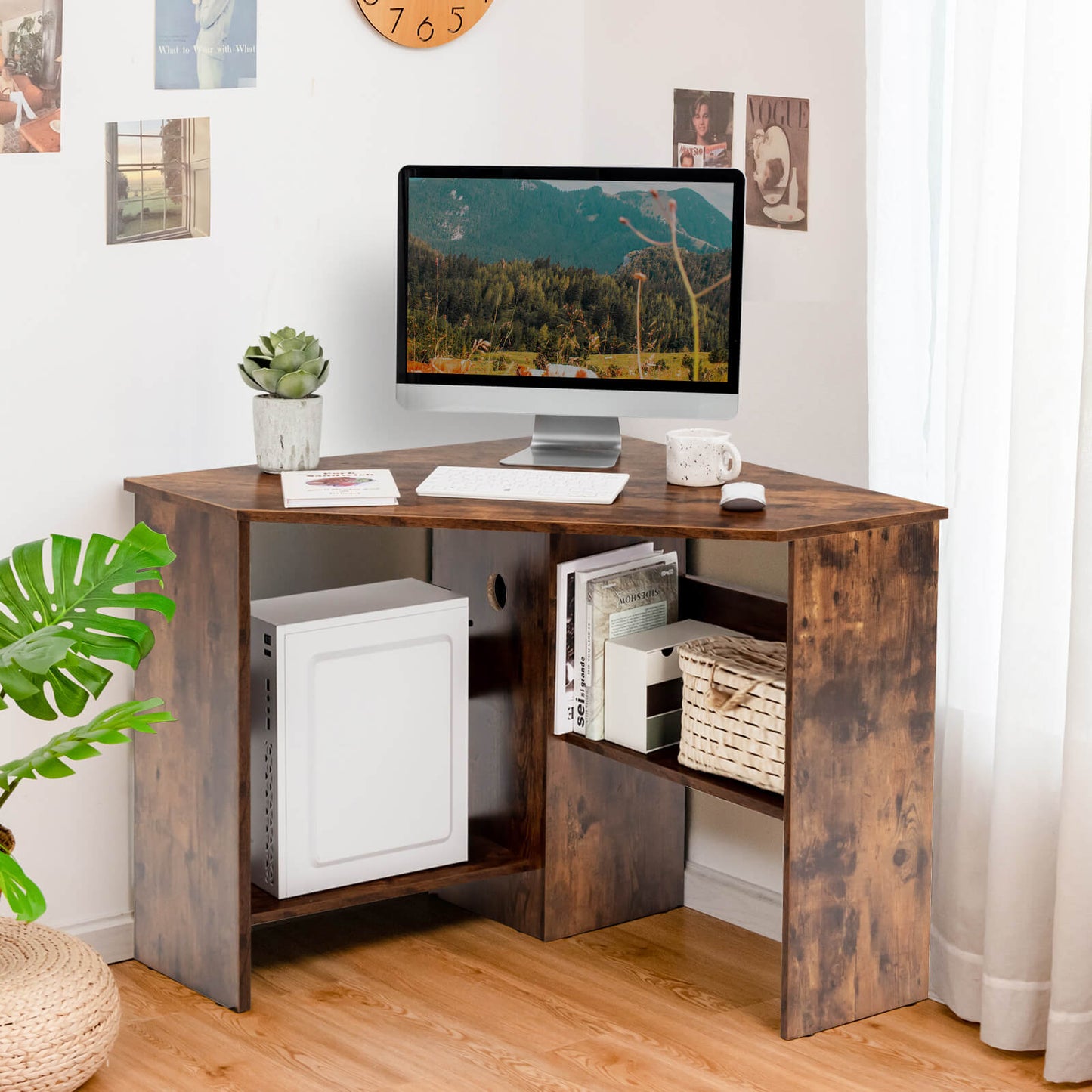 Triangle Corner Computer Desk with Open Shelf and Cable Holes-Rustic Brown