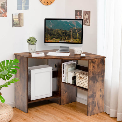 Triangle Corner Computer Desk with Open Shelf and Cable Holes-Rustic Brown