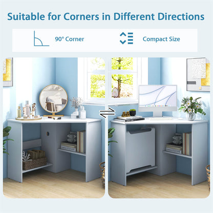 Triangle Corner Computer Desk with Open Shelf and Cable Holes-White