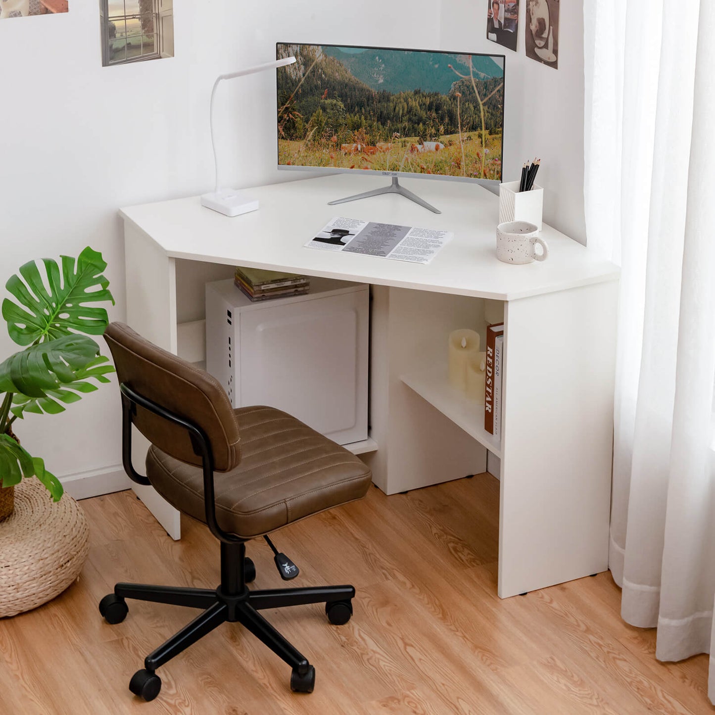 Triangle Corner Computer Desk with Open Shelf and Cable Holes-White