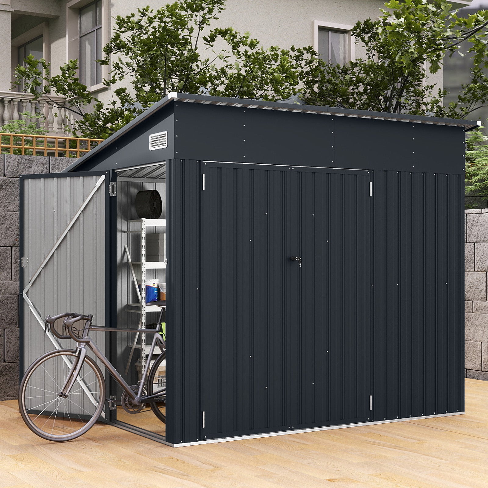 Triple Door Storage Shed with Galvanized Steel Tool and Bike Storage-Grey