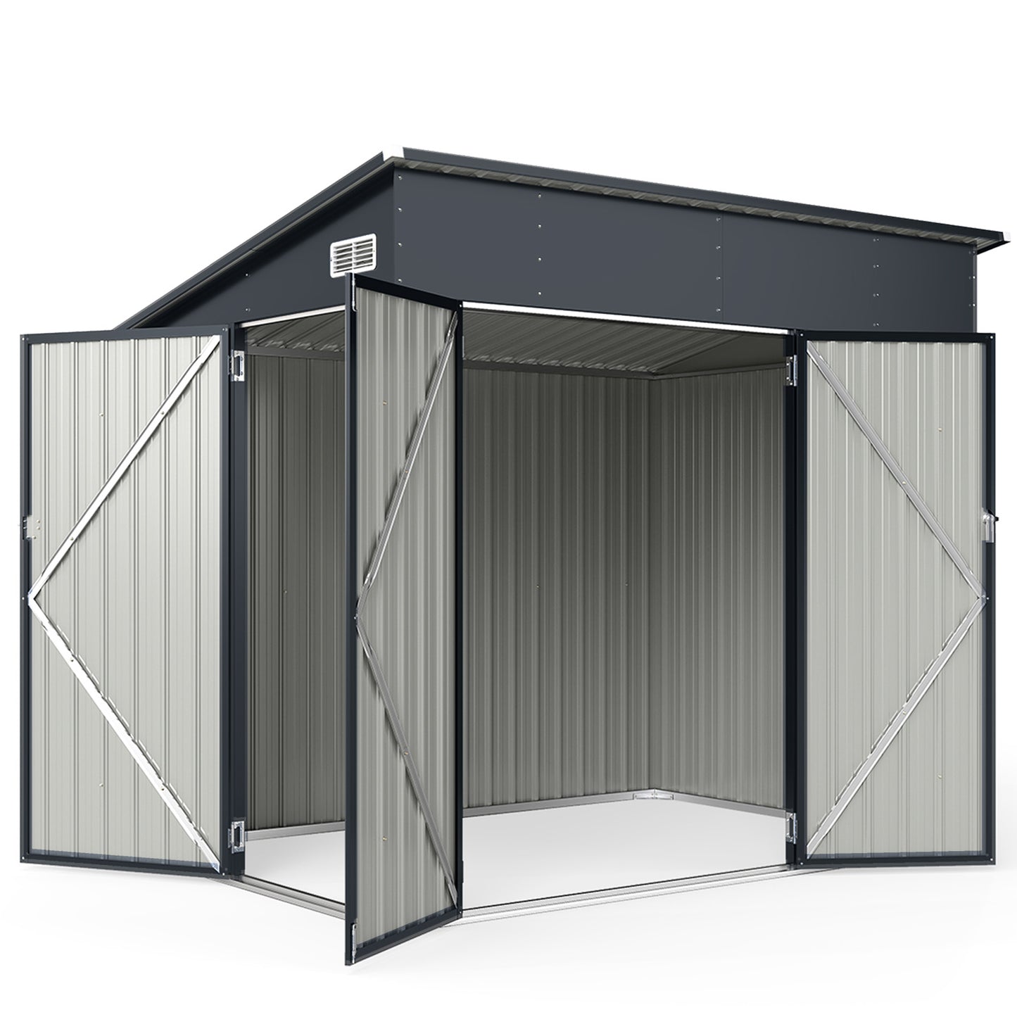 Triple Door Storage Shed with Galvanized Steel Tool and Bike Storage-Grey