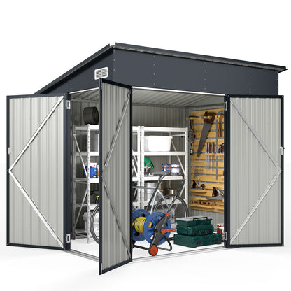 Triple Door Storage Shed with Galvanized Steel Tool and Bike Storage-Grey