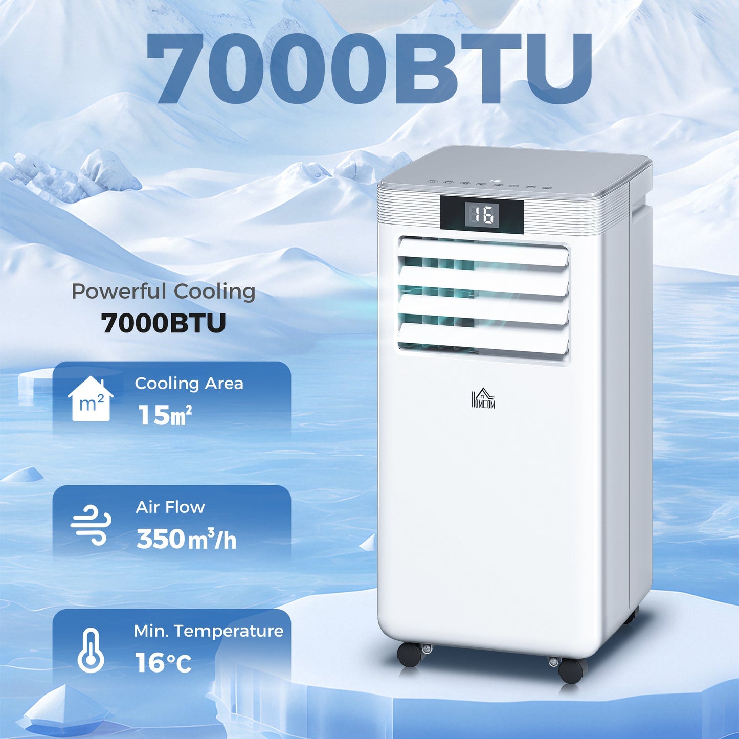HOMCOM 7000 BTU Air Conditioning Unit, 3-in-1 Portable Air Conditioner, Dehumidifier, Cooling Fan with Remote Control, LED Display, 2 Speeds, 24H Timer, Window Venting Kit, 15mÂ²