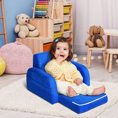 HOMCOM 2 w 1 Fotel dziecięcy Sofa rozkładana z wyściełaną drewnianą ramą sypialniana w kolorze niebieskim