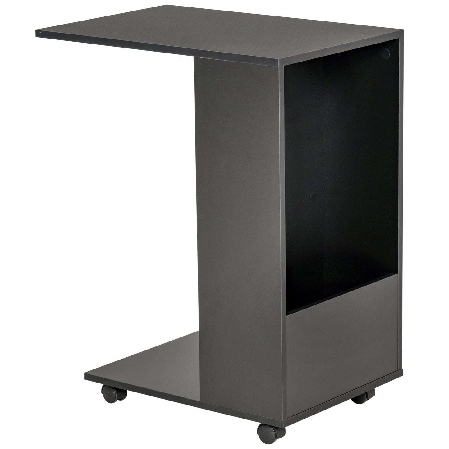 HOMCOM Mobile Sofa Side Table C-Shape End Table with Storage and Casters for Laptop Coffee Snack, Black