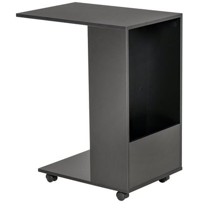 HOMCOM Mobile Sofa Side Table C-Shape End Table with Storage and Casters for Laptop Coffee Snack, Black
