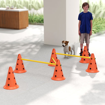 PawHut Dog Agility Equipment Set of Six Cones, Six Poles with Carry Bag, Three-Piece Adjustable Height Jumping Obstacles, Orang