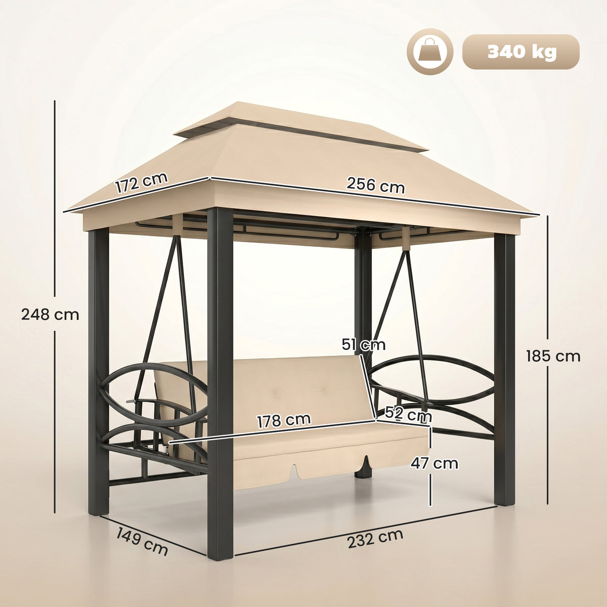 Outsunny 3 Seater Swing Chair 3-in-1 Convertible Garden Swing Seat Bed Gazebo Patio Bench Outdoor with Double Tier Canopy, Cushioned Seat, Mesh Sidewalls, Beige