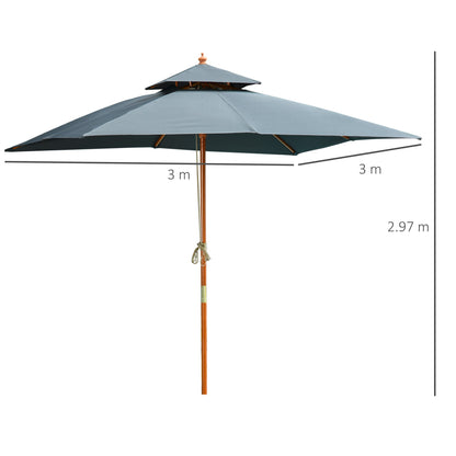 Outsunny 3 x 3 metre Patio Parasol Garden Umbrellas Sunshade Outdoor Wooden Parasol Canopy Double Tier, Dark Grey, BASE NOT INCLUDED