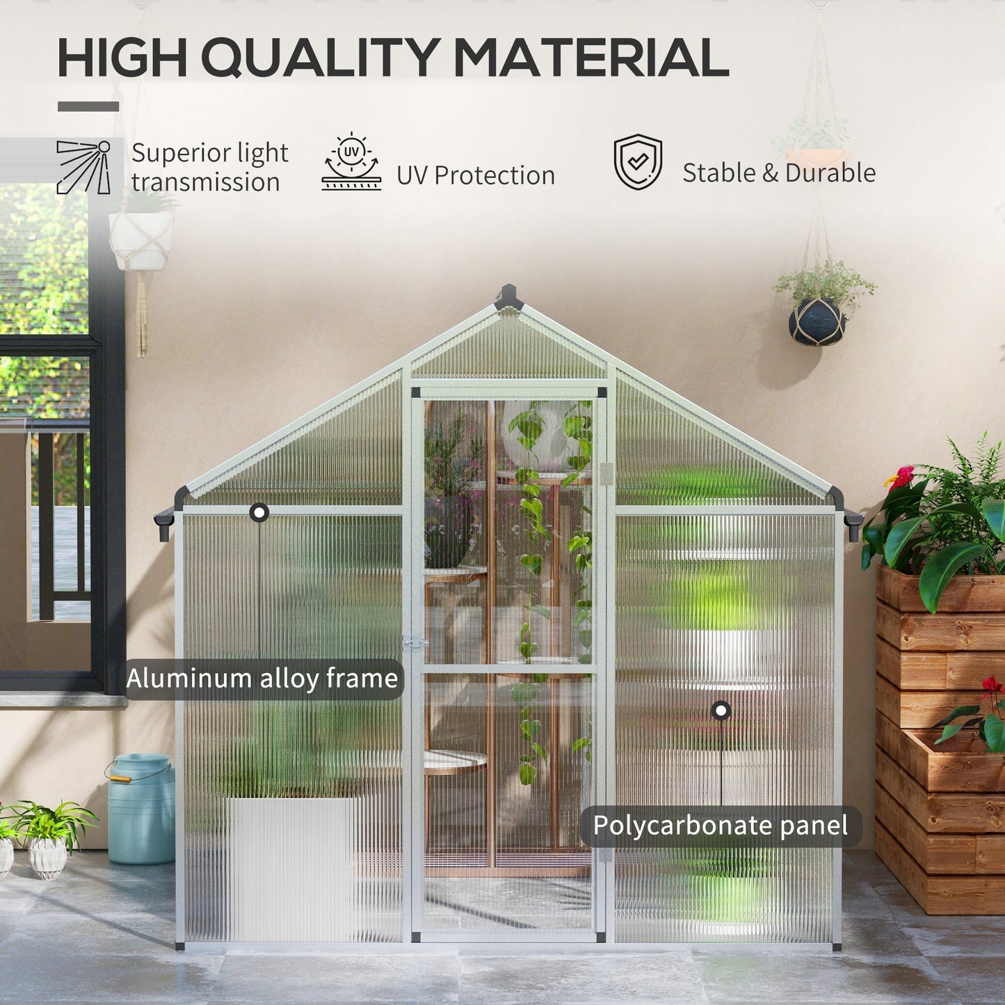 Outsunny 6 x 6ft Polycarbonate Greenhouse With Rain Gutters, Large Walk-In with Door And Window, Garden Grow House With Aluminium Frame