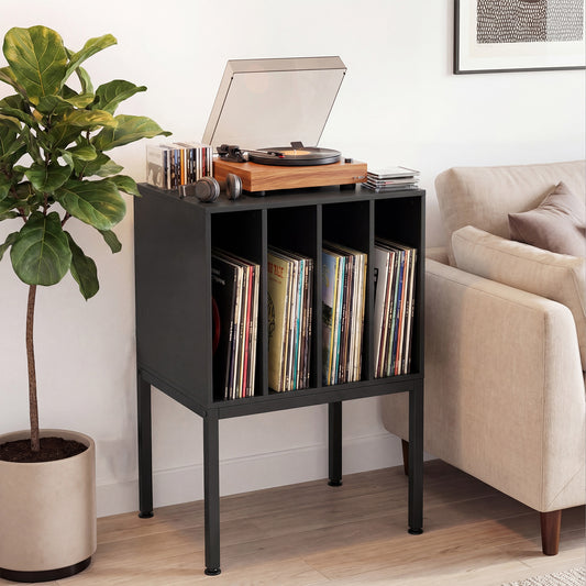 Turntable Stand with Vinyl Storage Shelves and Raised Metal Legs-Black