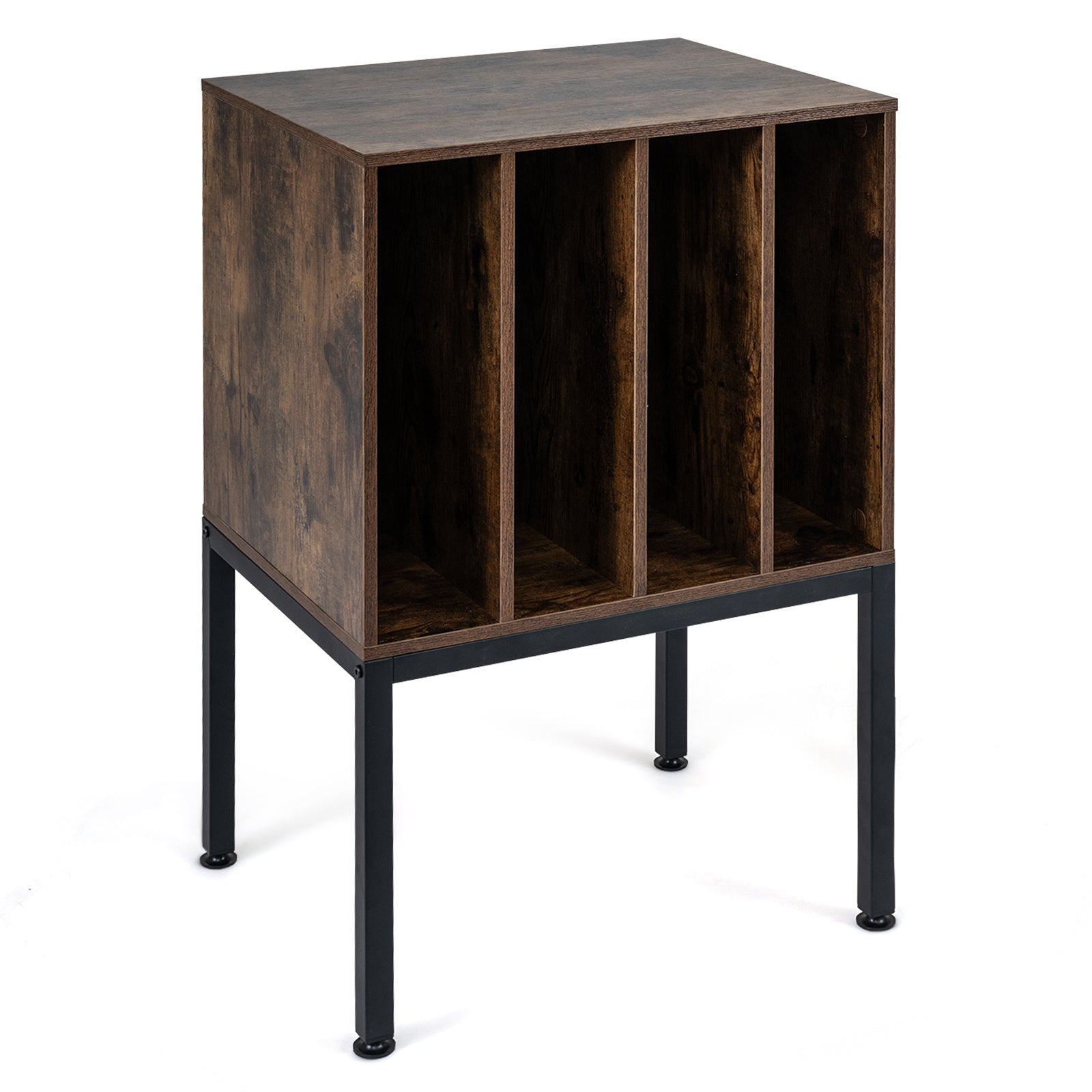 Turntable Stand with Vinyl Storage Shelves and Raised Metal Legs-Rustic Brown