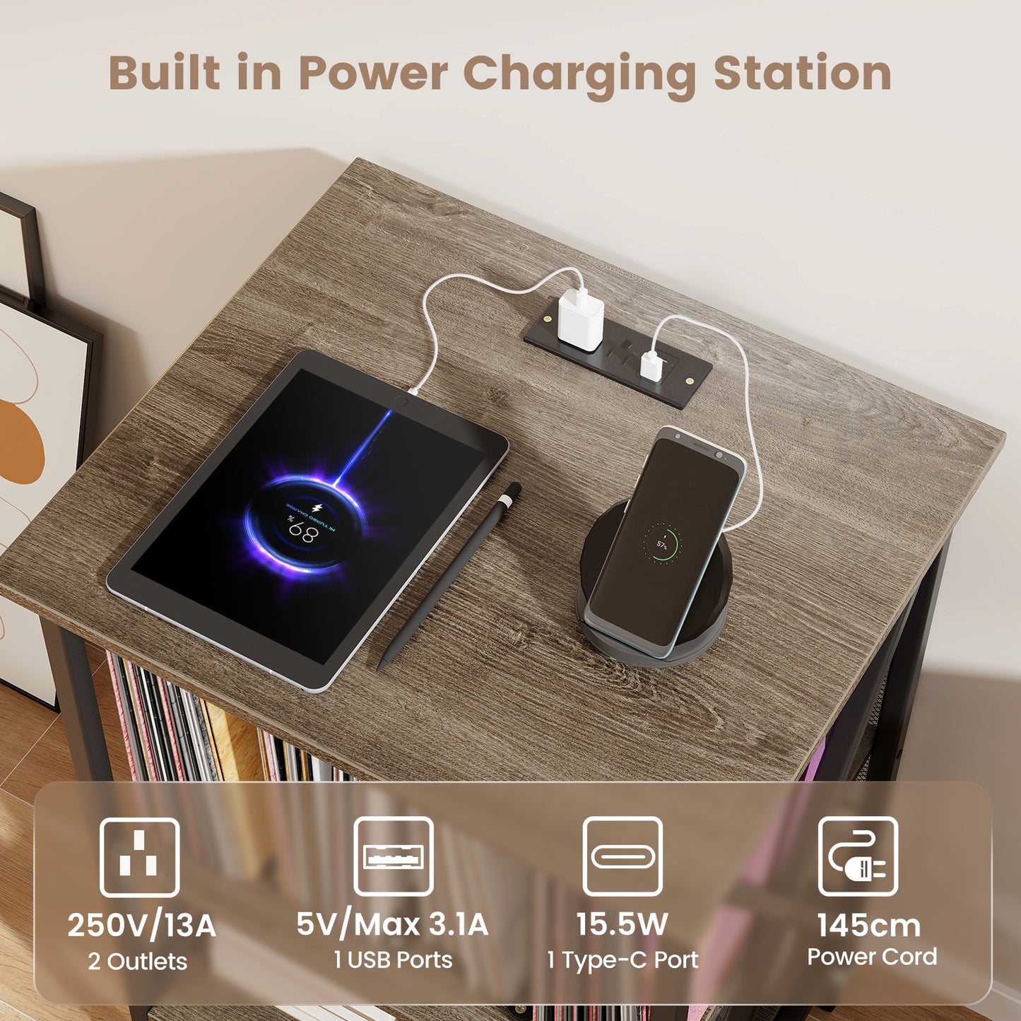 Turntable Record Player Stand with Builtin Charging Station and Divider-Grey