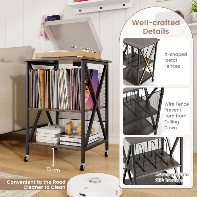 Turntable Record Player Stand with Builtin Charging Station and Divider-Grey