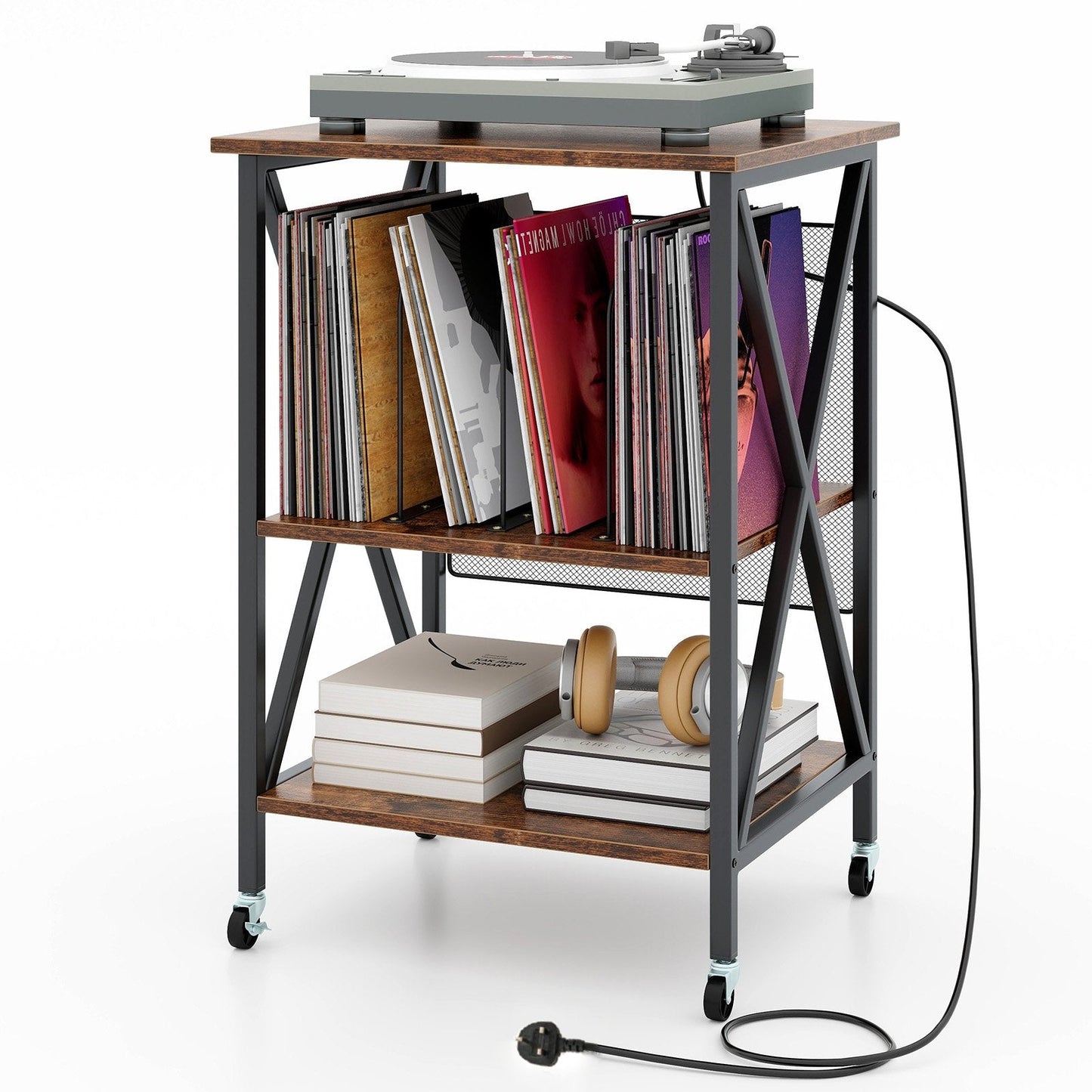 Turntable Record Player Stand with Builtin Charging Station and Divider-Rustic Brown