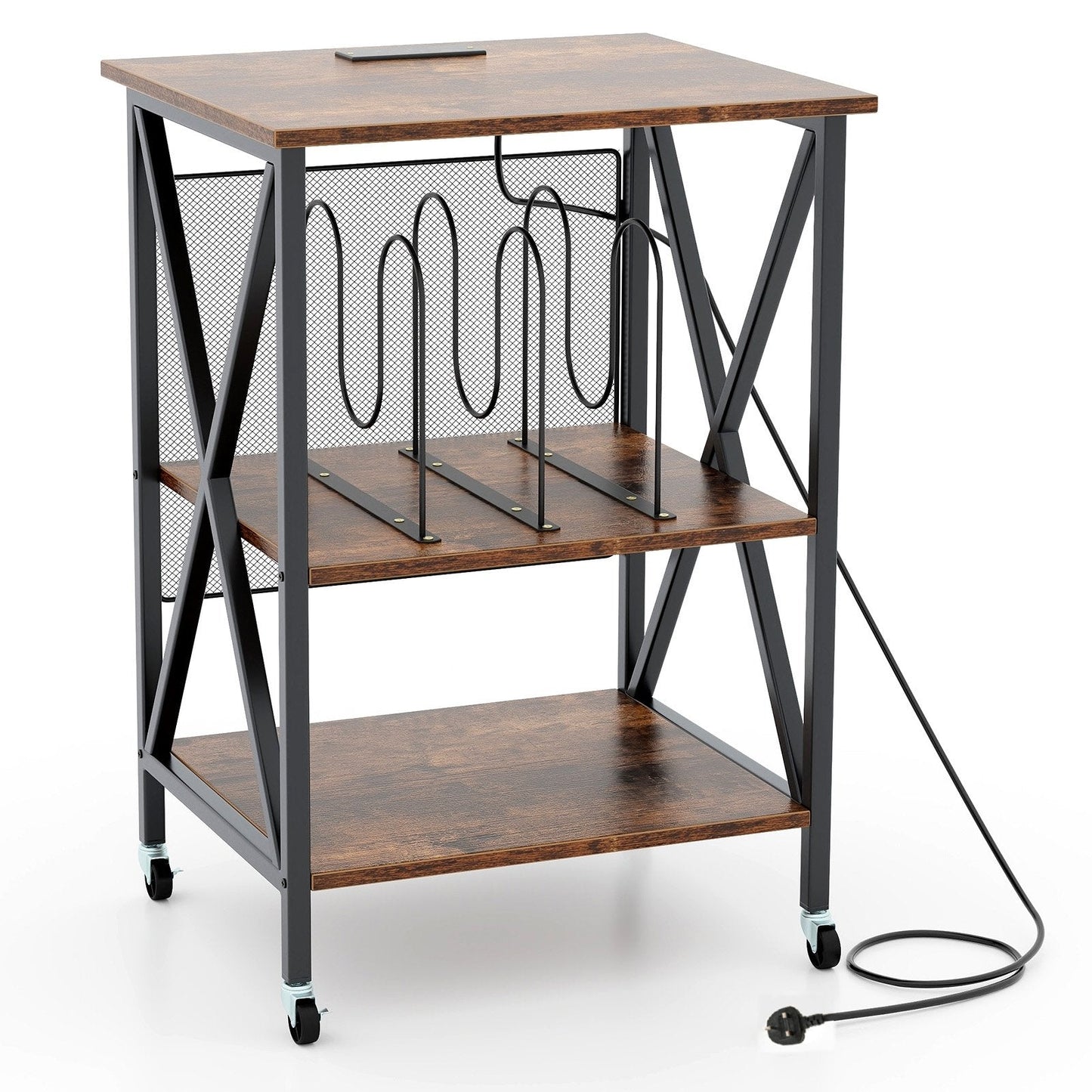 Turntable Record Player Stand with Builtin Charging Station and Divider-Rustic Brown