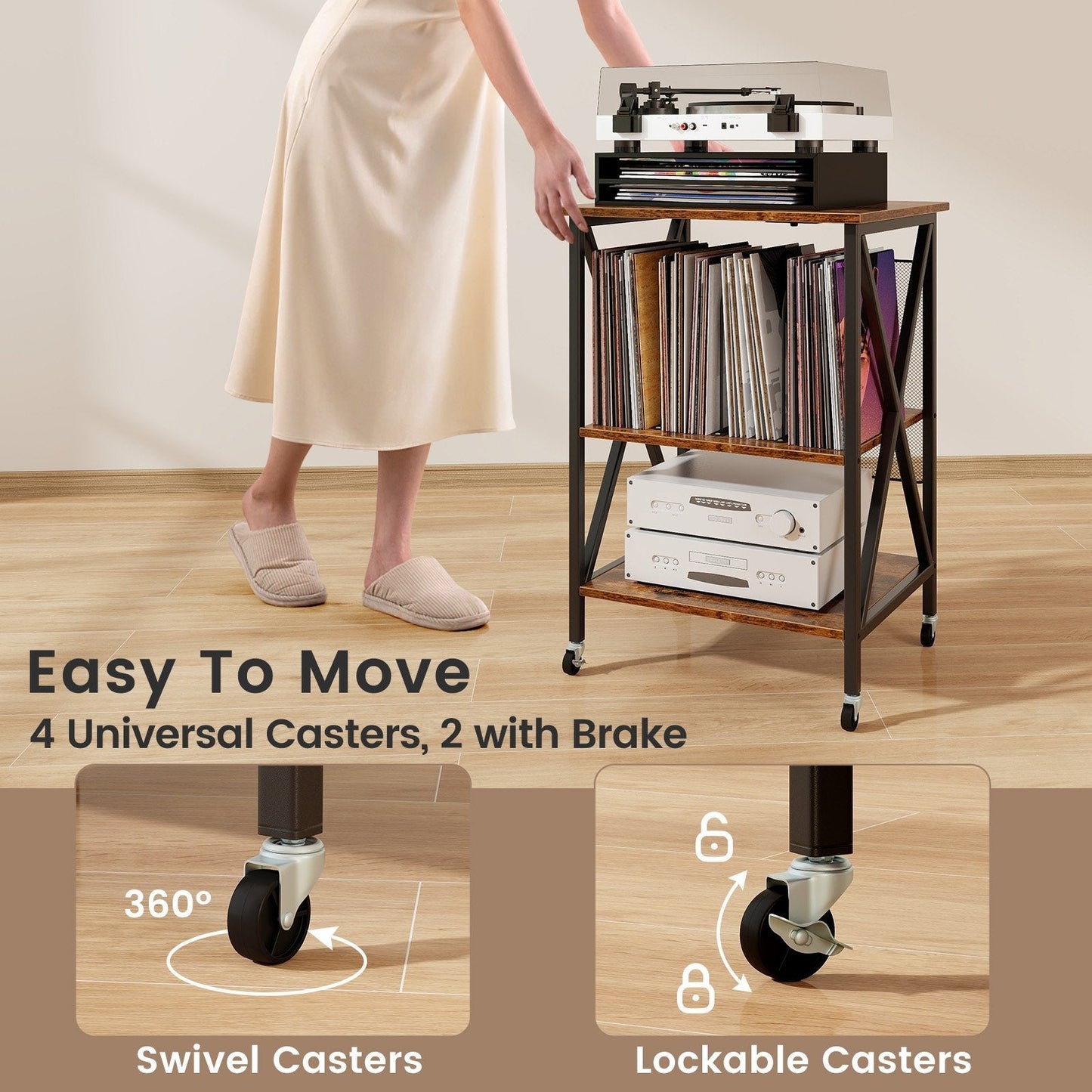Turntable Record Player Stand with Builtin Charging Station and Divider-Rustic Brown
