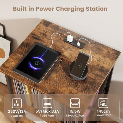 Turntable Record Player Stand with Builtin Charging Station and Divider-Rustic Brown