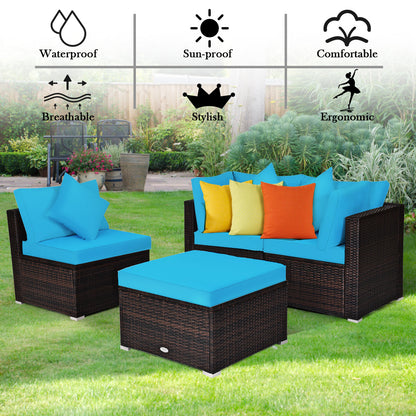 4 Pieces Outdoor Rattan Conversation Set with Removable Cushions and Pillows-Turquoise