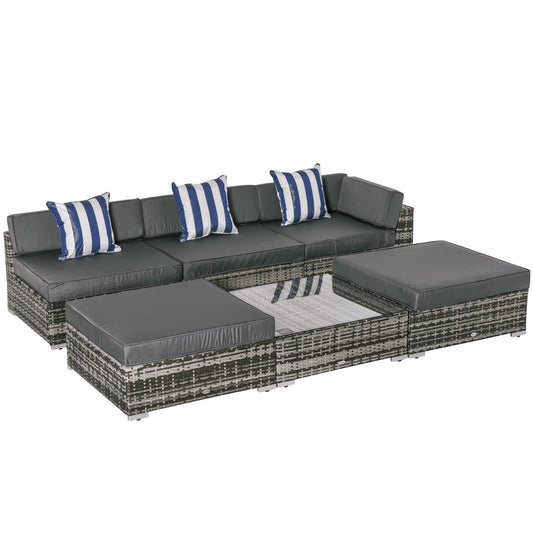 Outsunny 5-Seater Rattan Sofa Coffee Table Set Sectional Wicker Weave Furniture for Garden Outdoor Conservatory w/ Pillow Cushion Grey