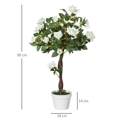 Outsunny Artificial Plants White Rose Floral in Pot, Fake Plants for Home Indoor Decor, 90cm