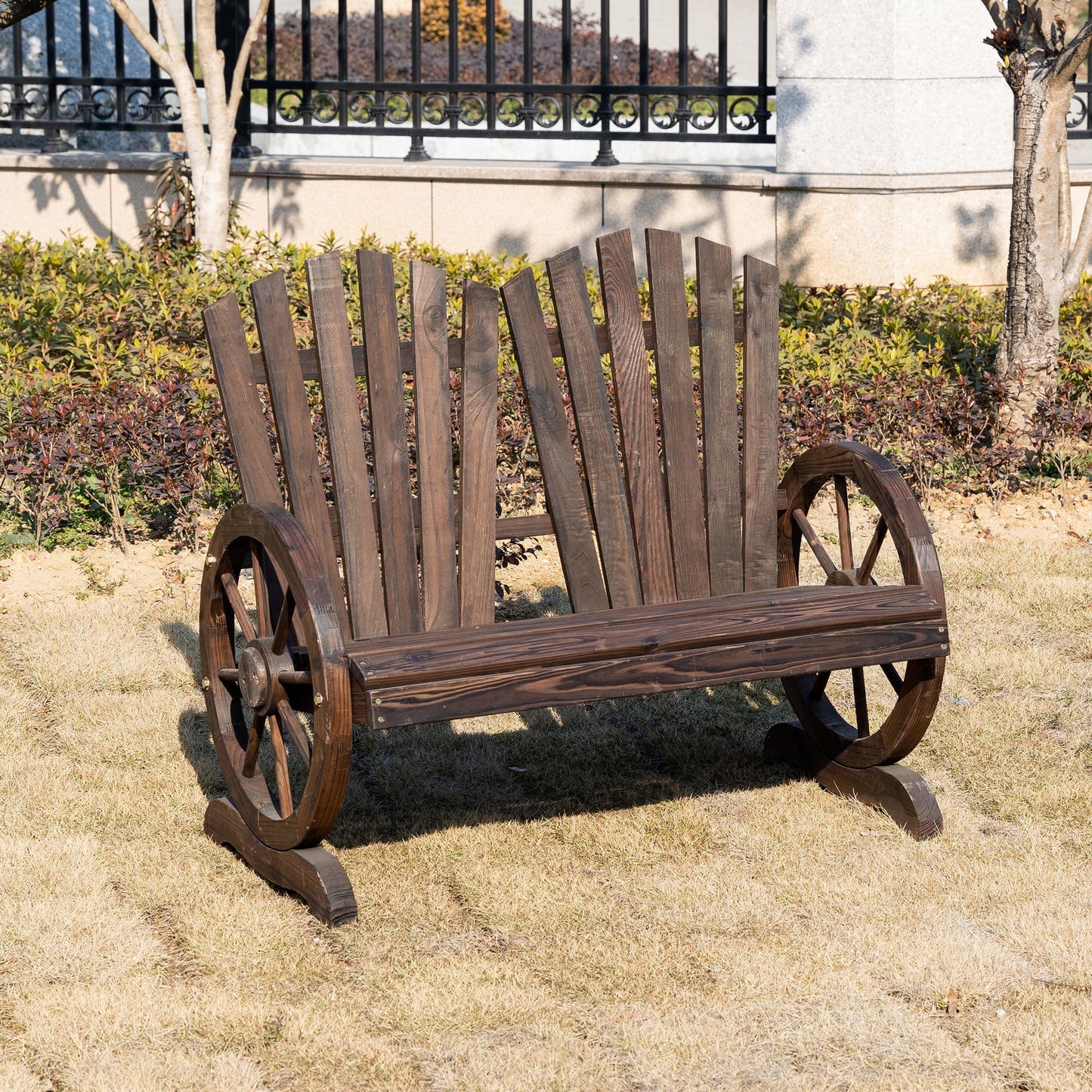 Outsunny 2 Seater Garden Bench Comfortable Fir Logs Love Chair with Wheel-Shaped Armrests, Outdoor Adirondack Wooden Loveseats, Carbonized colour