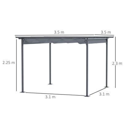 Outsunny 3.5M X 3.5M Metal Pergola Gazebo Awning Retractable Canopy Outdoor Garden Sun Shade Shelter Marquee Party BBQ, Grey