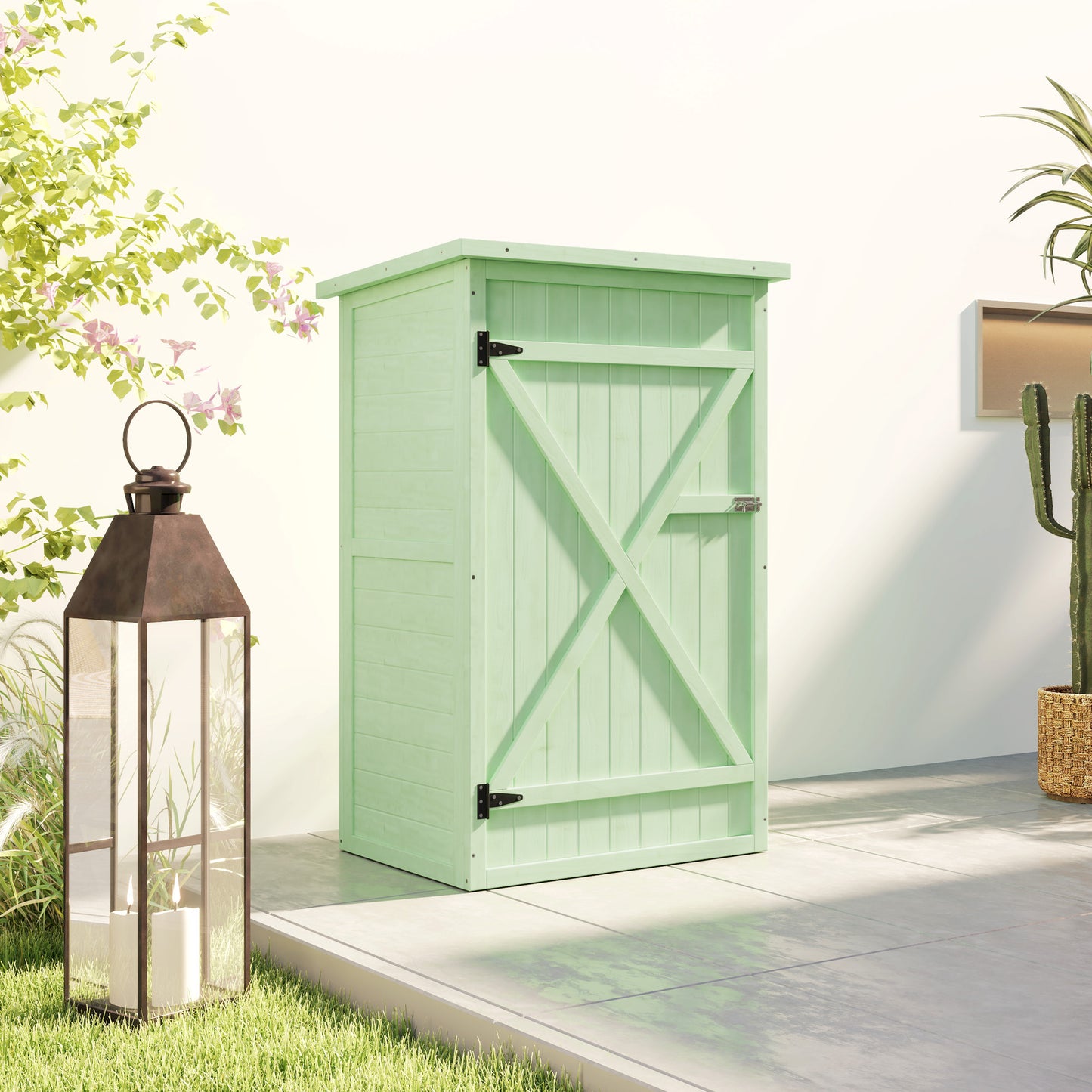Outsunny Drewniany mały domek, ogrodowy domek do przechowywania z półkami i ryglem, 75L x 56W x 115H cm, zielony
