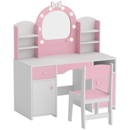 AIYAPLAY Kids Vanity Set, Kids Dressing Table with Stool, 2-Colour Lights Mirror, Cabinet, Drawer and Shelves, Pink
