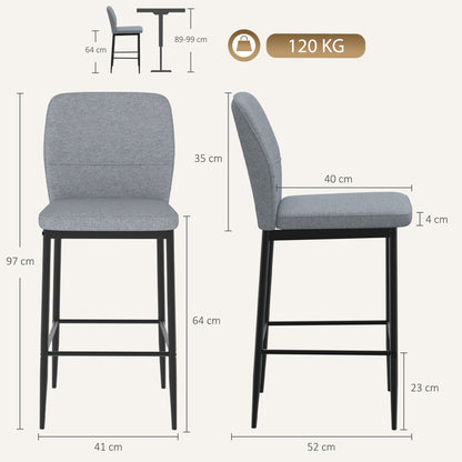 HOMCOM Modern Tall Chairs, Set of 2 Velvet Bar Stools with Footrest and Backrest, Kitchen & Living Room Stools, Grey