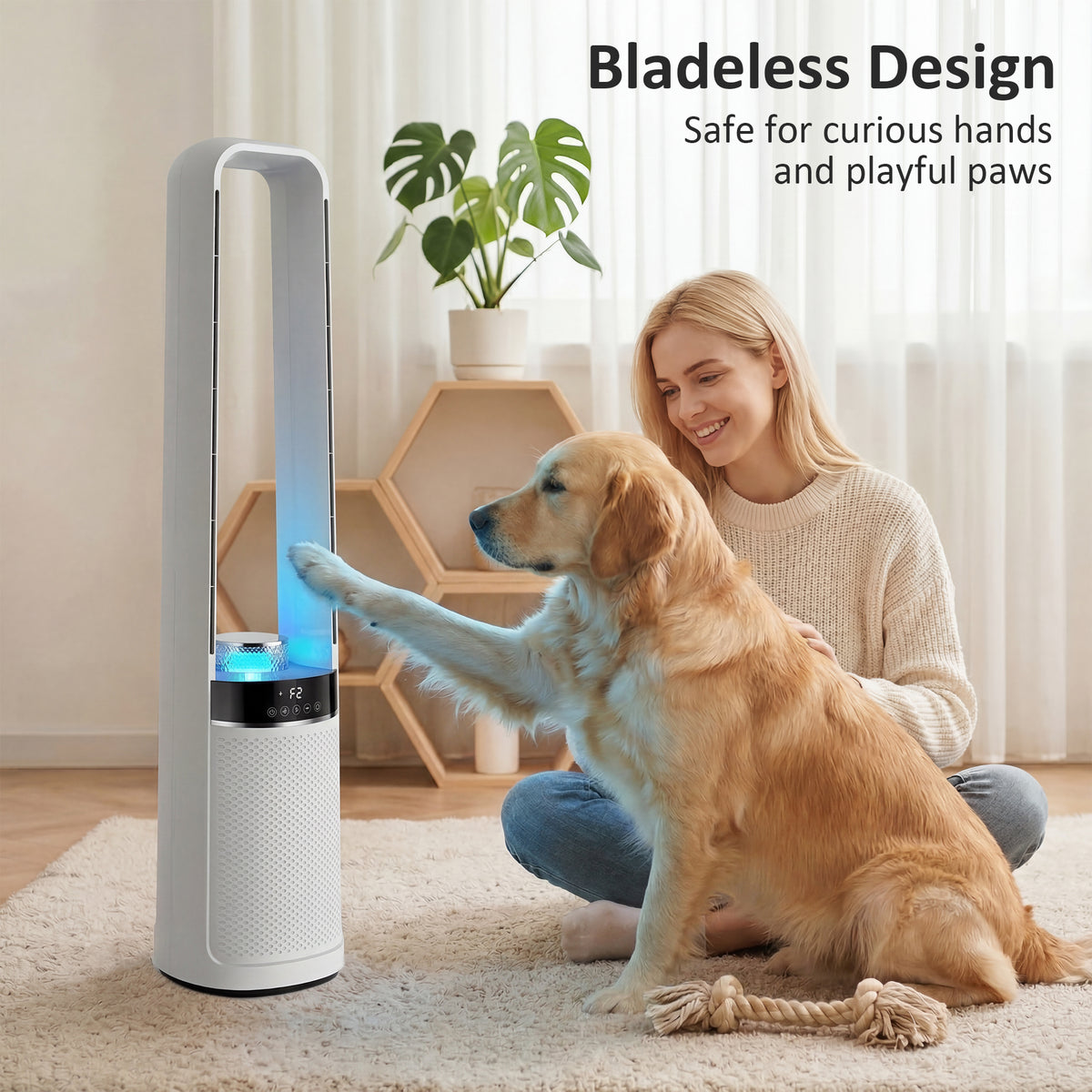 HOMCOM Bladeless Tower Fan, 36dB Standing Cooling Fan with Oscillating, LED Lights, 3 Speeds, 12H Timer, Remote Control