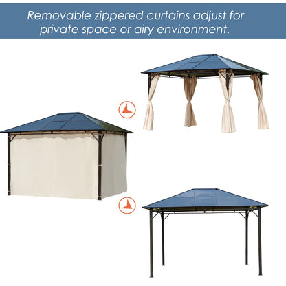 Outsunny 3 x 3.6m Hardtop Gazebo Canopy with Polycarbonate Roof Garden Pavilion with Removable Curtains and Steel Frame, Brown