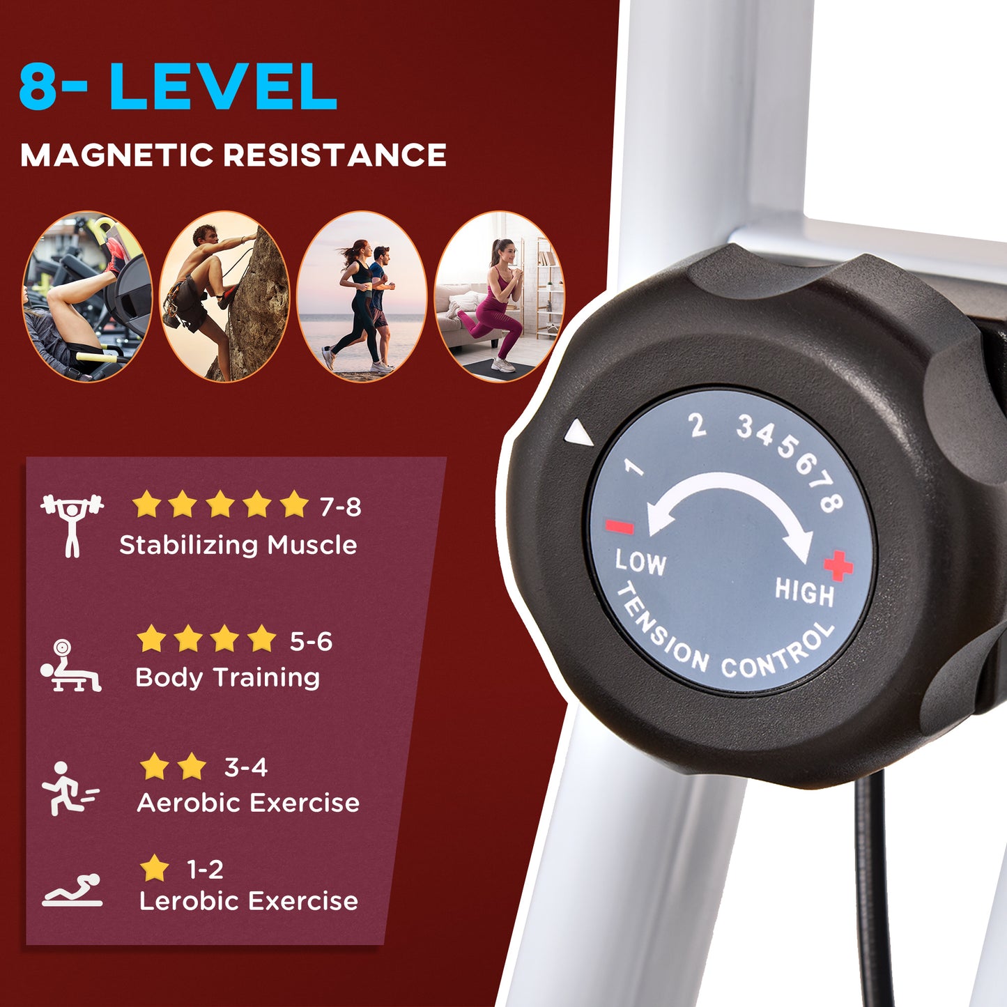 HOMCOM Folding Exercise Bike, Fitness Bicycle Indoor Trainer, 8-Level Magnetic Resistance Adjustable, with LCD Monitor, Pulse Sensor, Red