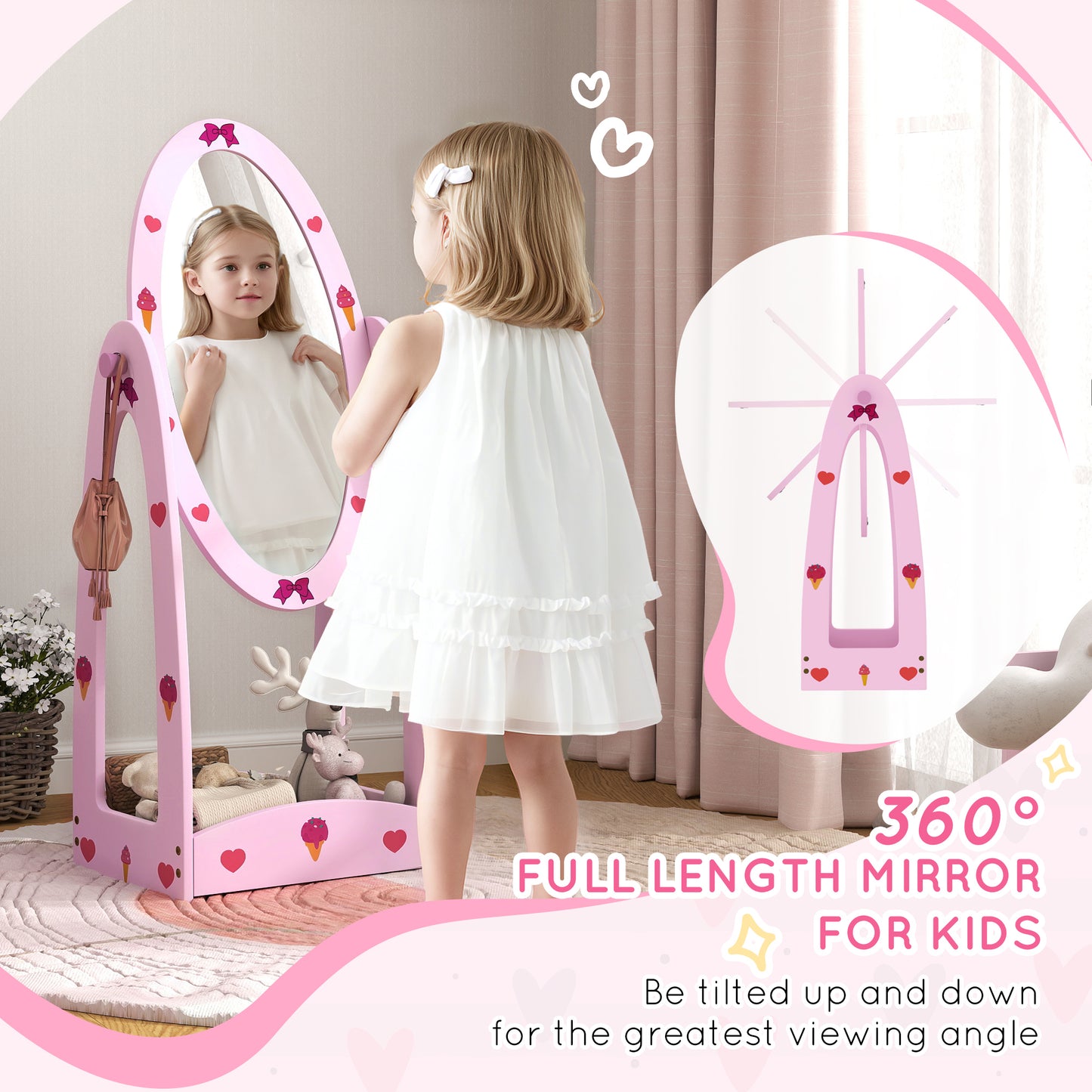 AIYAPLAY Kids Full Length Mirror, 360√Ç¬∞ Rotating Children Standing Mirror with Storage Shelf, Hot Pink