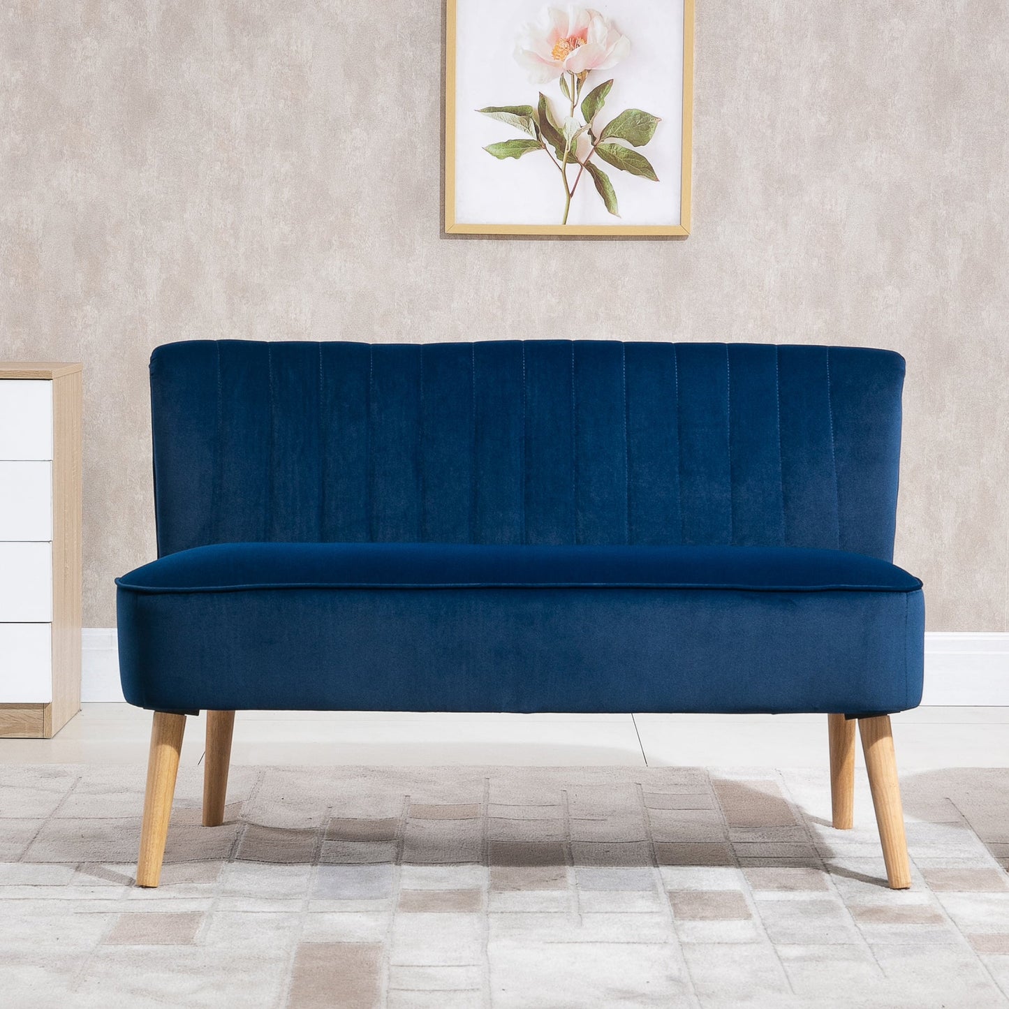 Retro Style Velvet Double Seat Sofa w/ Wood Frame Foam Padding High Back Soft Comfortable Compact Couch Blue