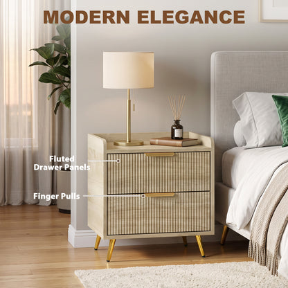 HOMCOM Bedside Table with 2 Drawers, Side End Table with Metal Legs for Bedroom, Living Room, Natural Wood Finish