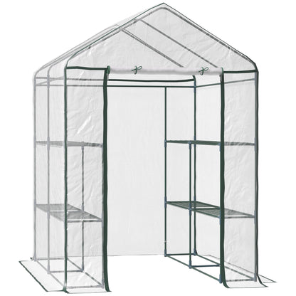 Outsunny Walk in Greenhouse with 3-Tier 8 Shelves, Green House with Hemmed Cover, Roll-up Zipped Door, Steel Frame, 143 x 143 x 195cm