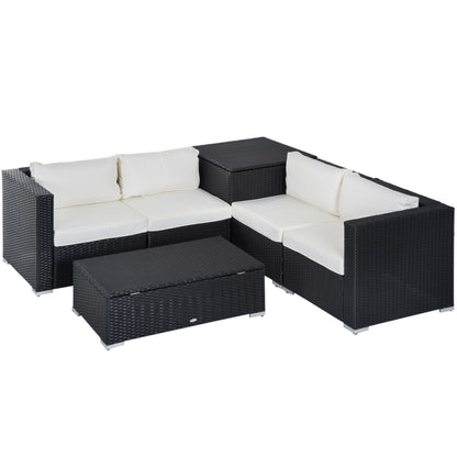 Outsunny 6 Pieces Rattan Garden Furniture Set, 4 Seater Wicker Garden Corner Sofa Set with 2 Storage Tables and Loveseats, Outdoor Conversation Furniture with Cushions for Conservatory, Patio, Black