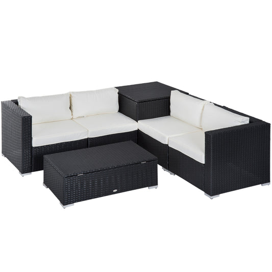 Outsunny 6 Pieces Rattan Garden Furniture Set, 4 Seater Wicker Garden Corner Sofa Set with 2 Storage Tables and Loveseats, Outdoor Conversation Furniture with Cushions for Conservatory, Patio, Black