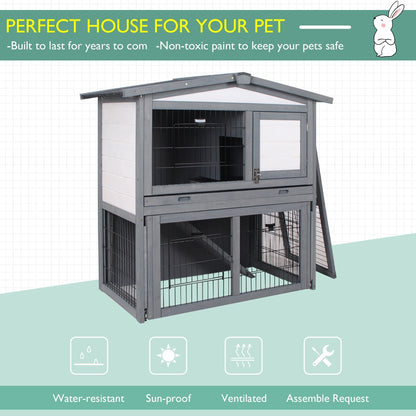 PawHut Rabbits 2-Tier Fur Wood Outdoor Hutch Grey