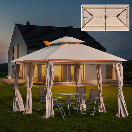 Outsunny 4 x 3(m) Zewnętrzna altana, zadaszenie, namiot imprezowy, pawilon ogrodowy, zadaszenie na patio z oświetleniem solarnym LED, dach dwupoziomowy, zasłony, rama stalowa, kolor khaki