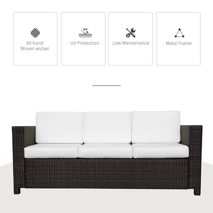 Outsunny 3 Seater Rattan Sofa, All-Weather Wicker Weave Metal Frame Chair with Fire Resistant Cushion, Brown