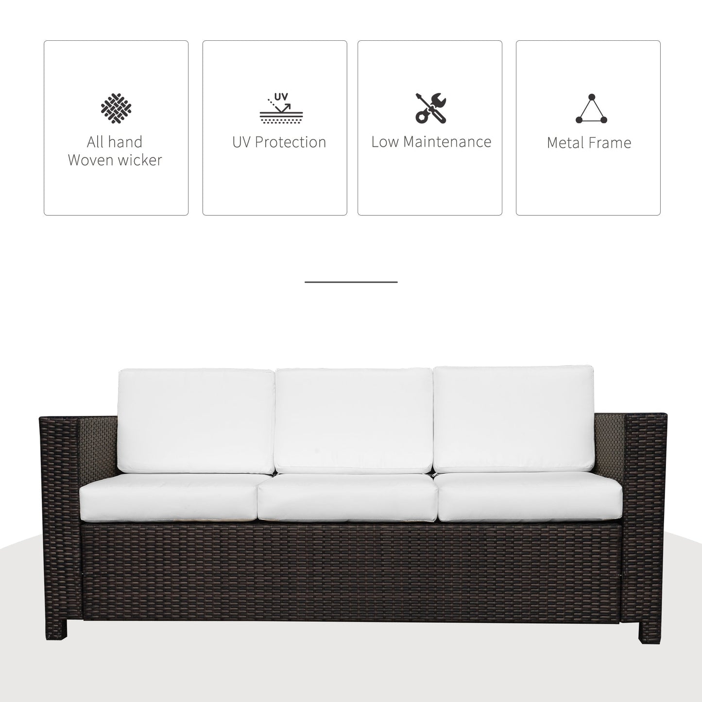 Outsunny 3 Seater Rattan Sofa, All-Weather Wicker Weave Metal Frame Chair with Fire Resistant Cushion, Brown