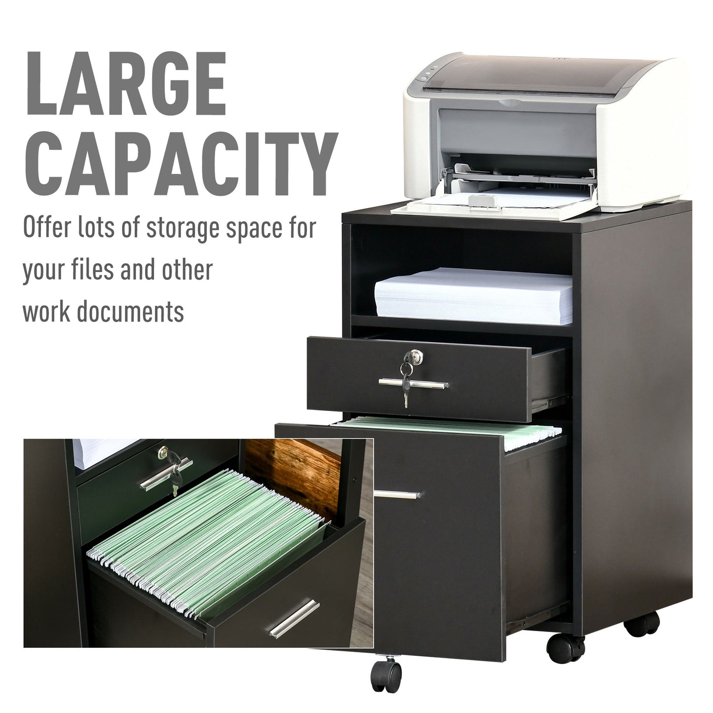 Vinsetto Lockable Two-Drawer Filing Cabinet, with Wheels - Black